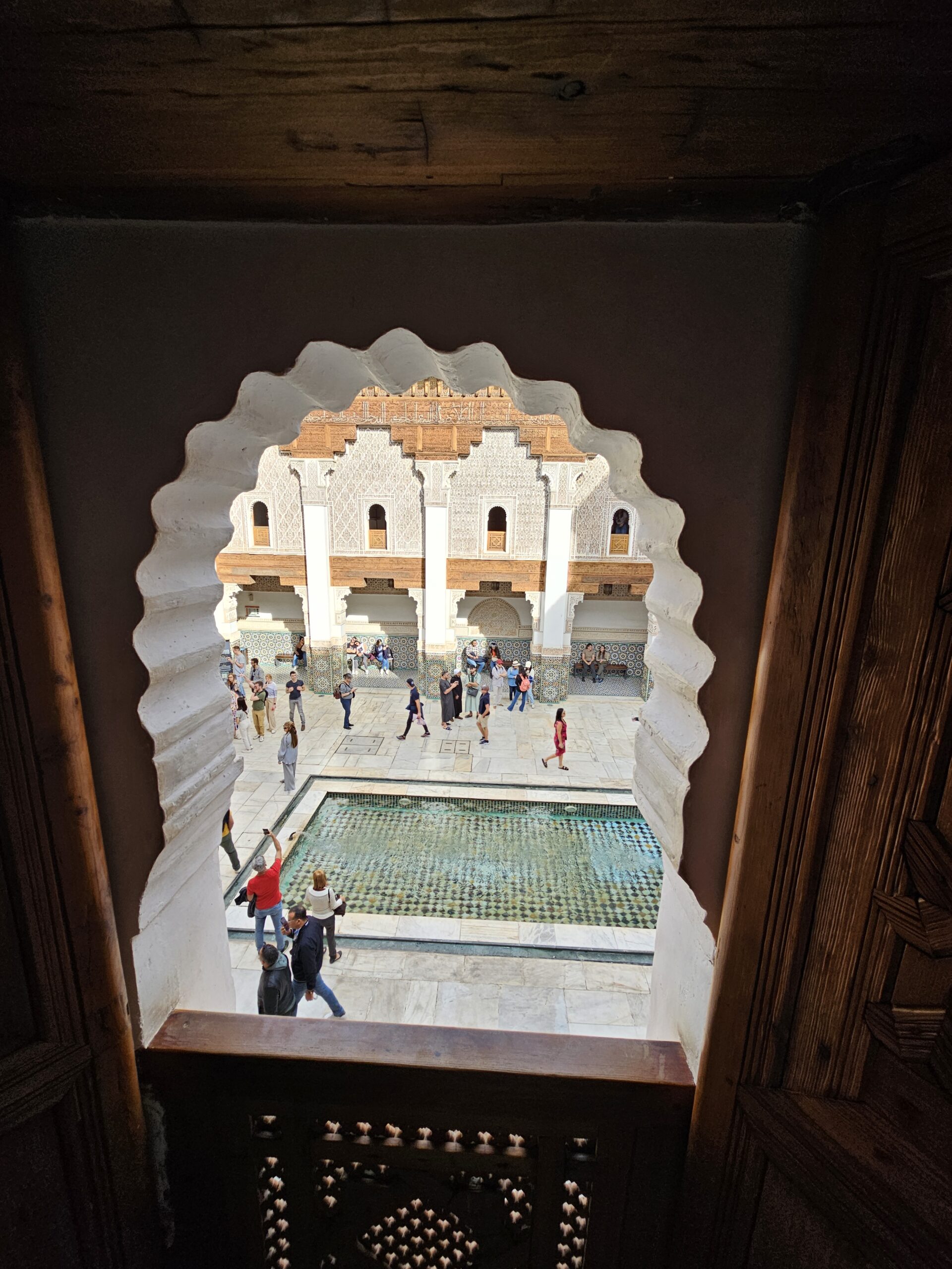 View of the central courtyard (riad) from a first floor window of Ben Youssef Madrasa. Image by 360onhistory.com