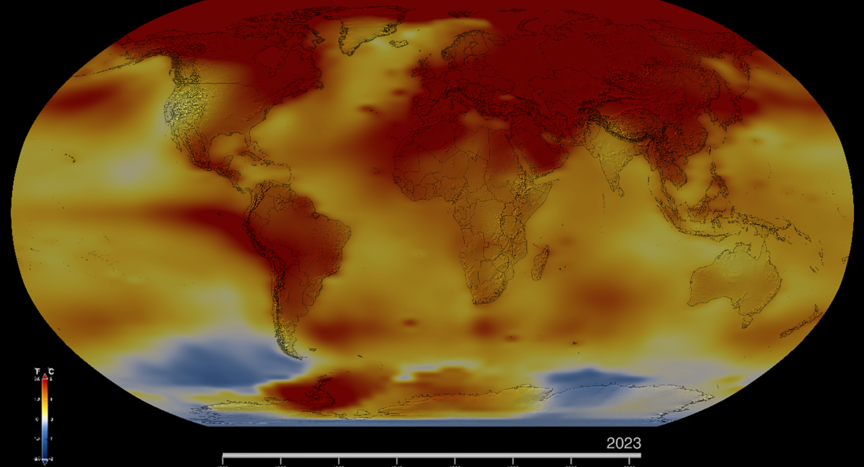 This map of Earth in 2023 shows global surface temperature anomalies, or how much warmer or cooler each region of the planet was compared to the average from 1951 to 1980. Normal temperatures are shown in white, higher-than-normal temperatures in red and orange, and lower-than-normal temperatures in blue. An animated version of this map shows global temperature anomalies changing over time, dating back to 1880.