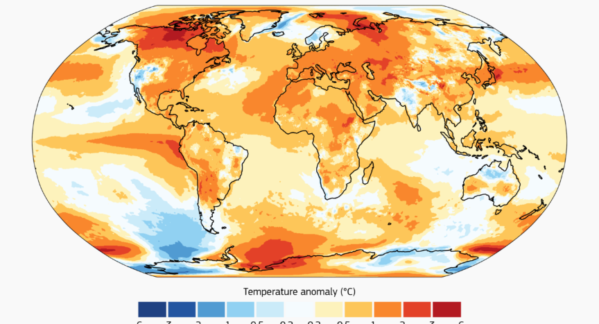 Surface air temperature anomaly for 2023 relative to the average for the 1991-2020 reference period. Data source: ERA5. Credit: C3S/ECMWF.